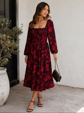 Black Red Spanish Floral Smocked Long Sleeve Midi Dress Large Boho